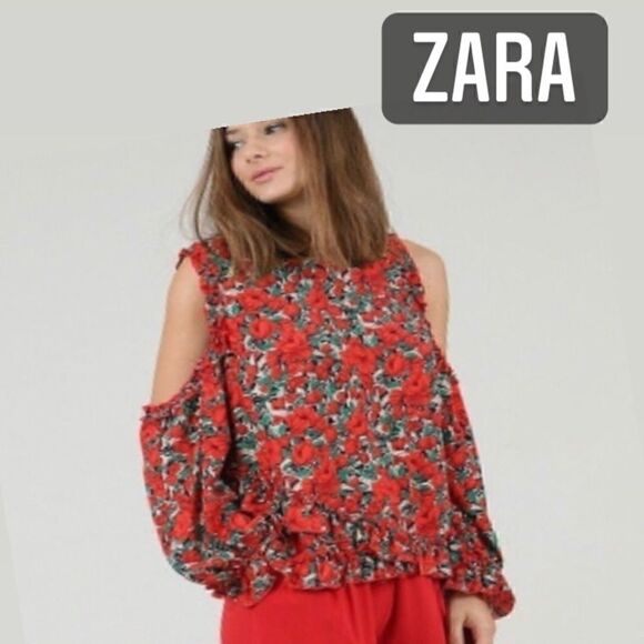 ZARA red flowers daisy print blouse shirt tee top long sleeve off shoulders sz S - Picture 1 of 6